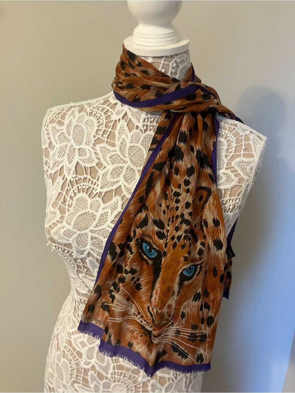Oscar de la Renta Leopard Face Silk Scarf with Blue Eyes and Purple Trim